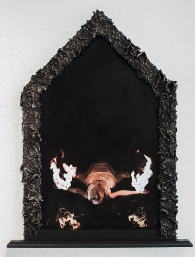 Broken Sundowns - Water to Fire (2015) from the Eight Stages of Dissolution series. Photograph with handmade frame embellished with petals.
