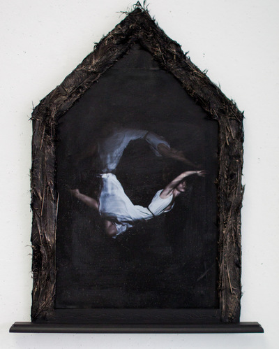 Broken Sundowns - Wind to Space (2015) from the Eight Stages of Dissolution series. Photograph with handmade frame embellished with feathers.