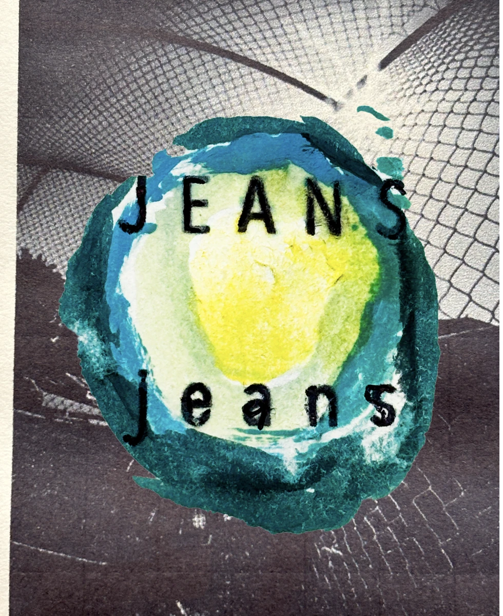 A collaged cover or poster featuring bold black sans-serif typography reading "JEANS" arranged around a central circular watercolor motif in teal, blue, cream and acid yellow.